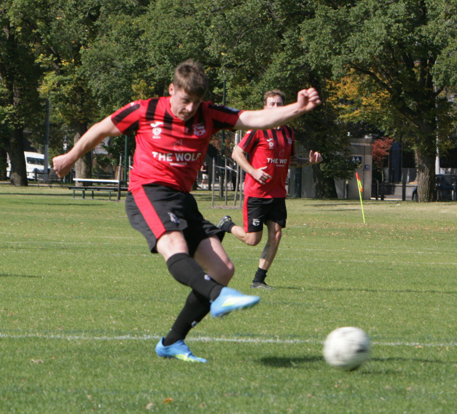 A South Yarra player strikes the ball at Fawkner Park